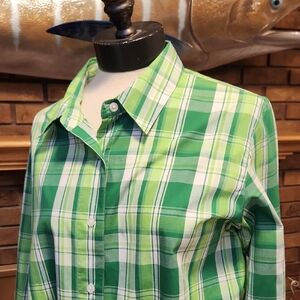 Cascade Blue Size L Green Plaid Shirt 100% Cotton Preppy